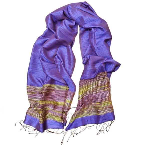 Seastra 100% Thai Silk Purple and Gold Scarf. 25"x73" - Picture 1 of 6